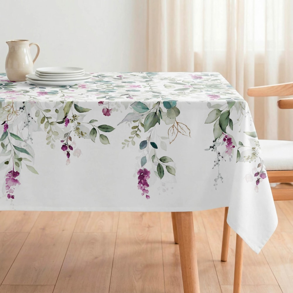 Nappe antitache en coton mélangé avec fleurs mauves 140x140
