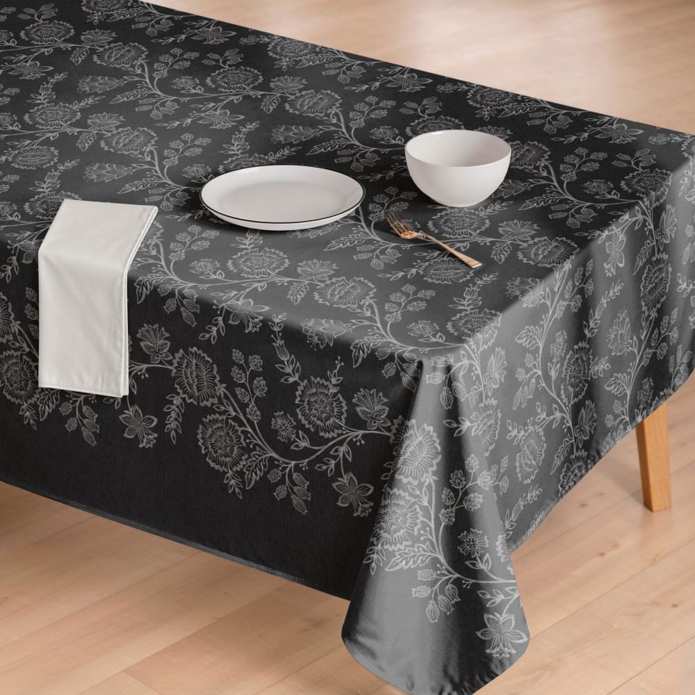 Fleckabweisende Baumwoll-Tischdecke mit grauen Blättern 155x300 -