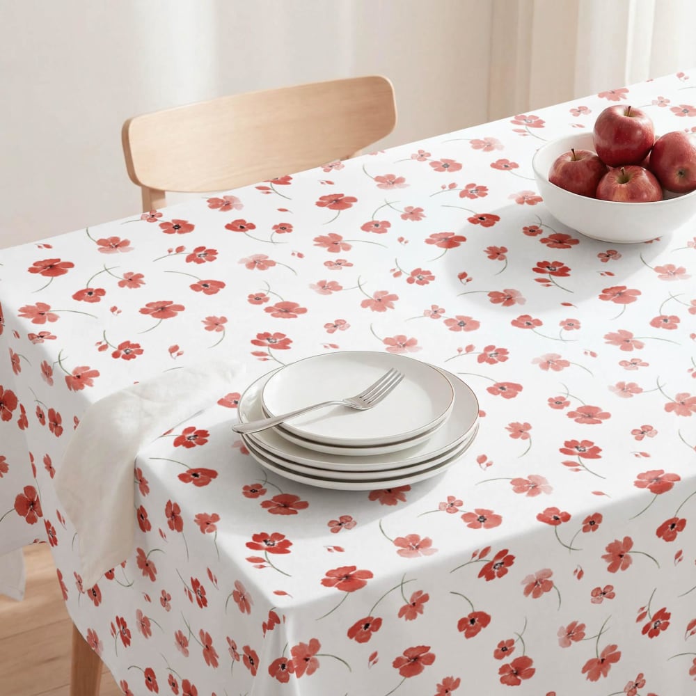 Nappe antitache en coton mélangé coquelicots corail 140x200