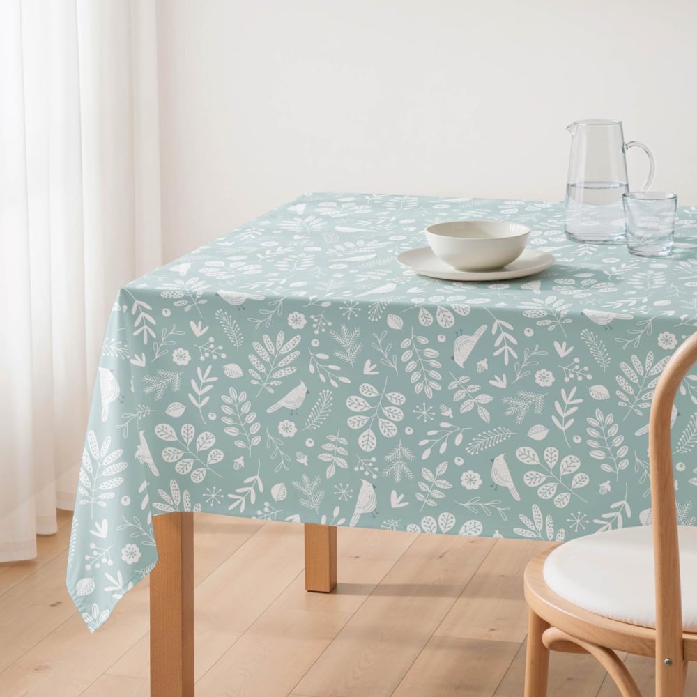 Beschichtete Tischdecke wassergrün mit weißen Blättern 140x140 -