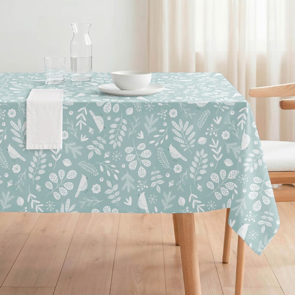 Nappe antitache enduite vert d’eau avec feuilles blanches 140x200