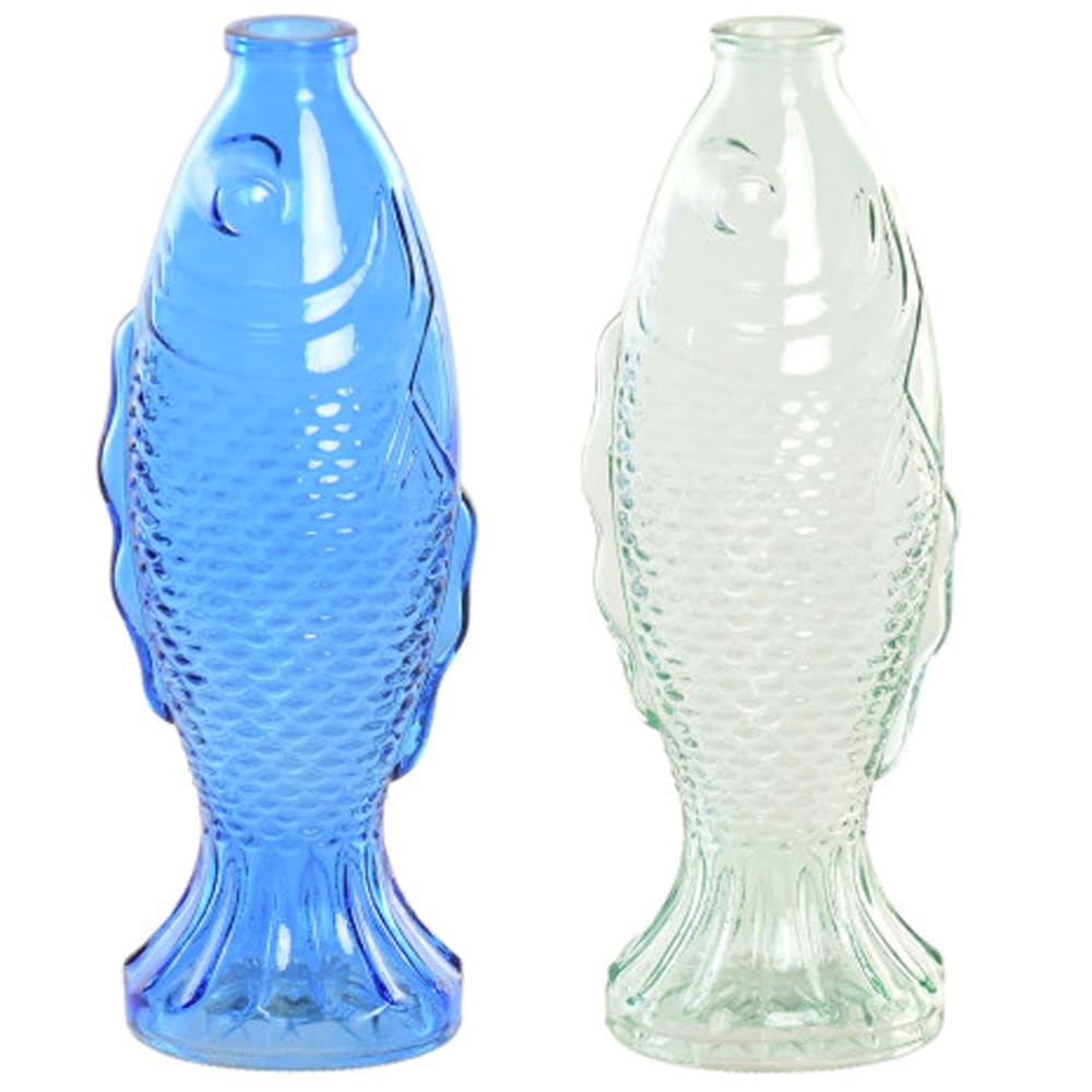 Set de 2 vases en verre vert et bleu poissons 10x7x26cm