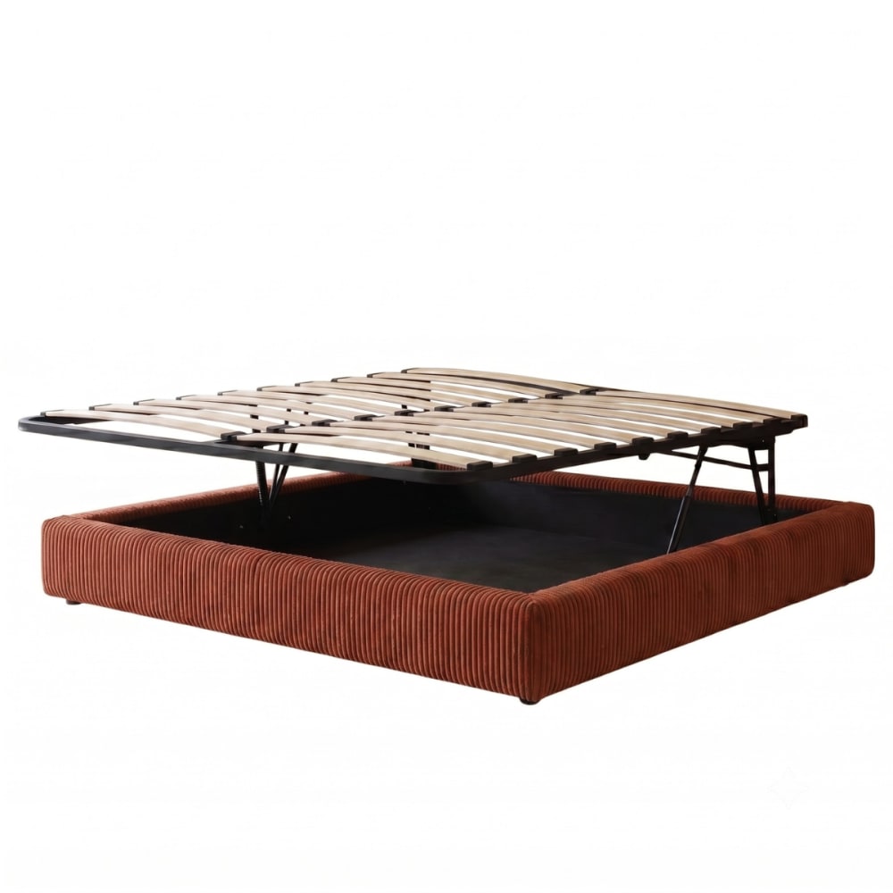 Lit coffre ouverture parallèle en velours côtelé terracotta 140x190 cm