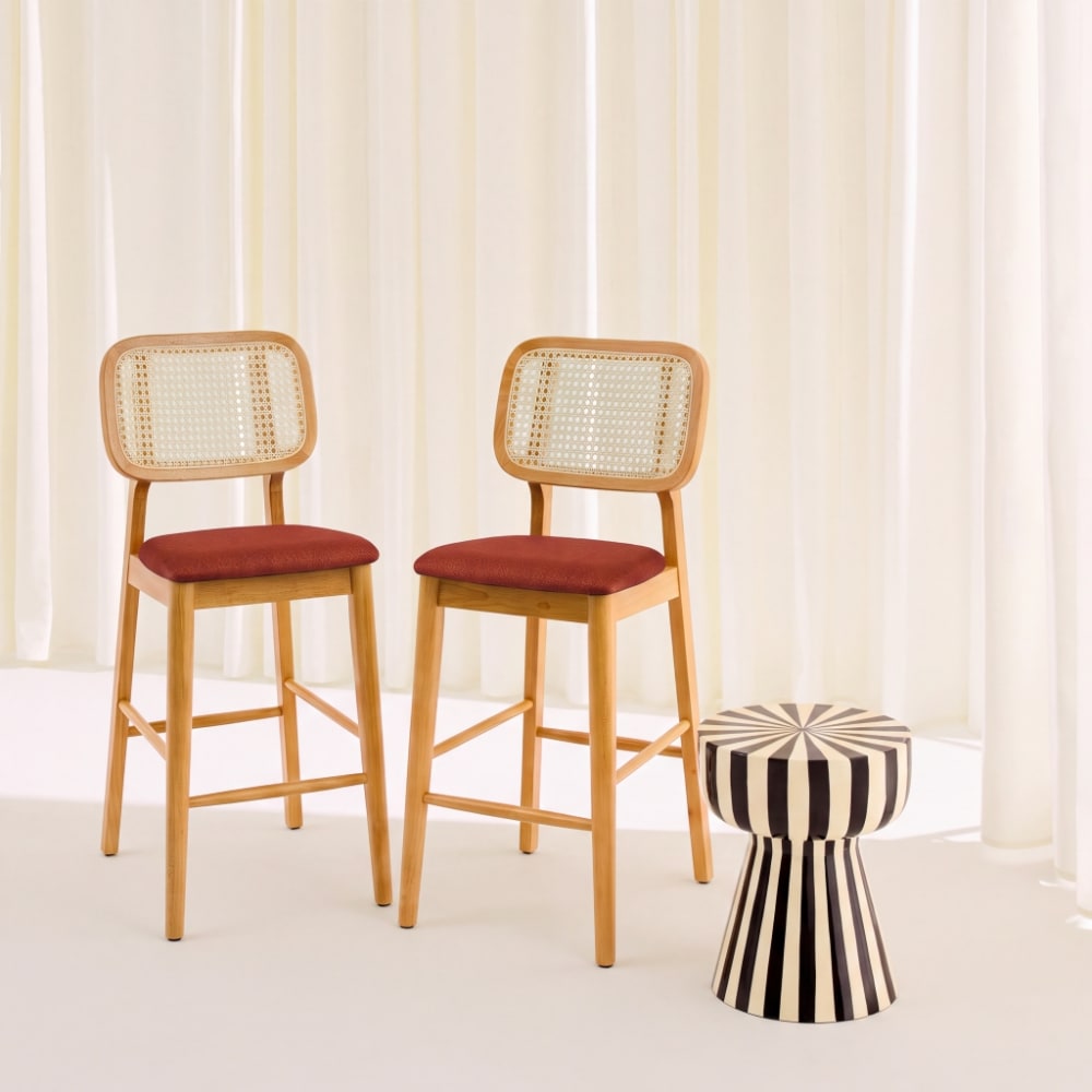 sweeek 2er-Set Barhocker Hevea, Rattan u. Stoff natur/terrakotta style classic chic Rot Holz