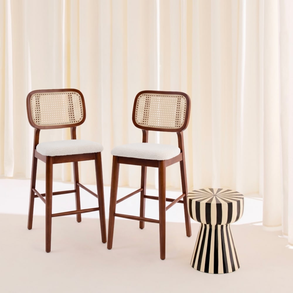 sweeek 2 Barhocker Holz mit Rattan und Bouclé nussbaum/weiß style vintage - Holz