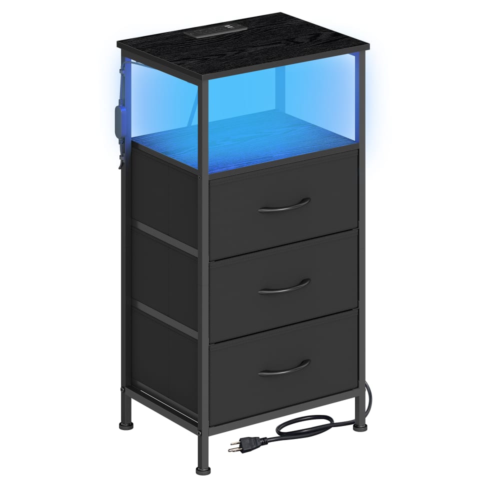 Table de chevet avec éclairage led et multiprise 3 tiroirs noir