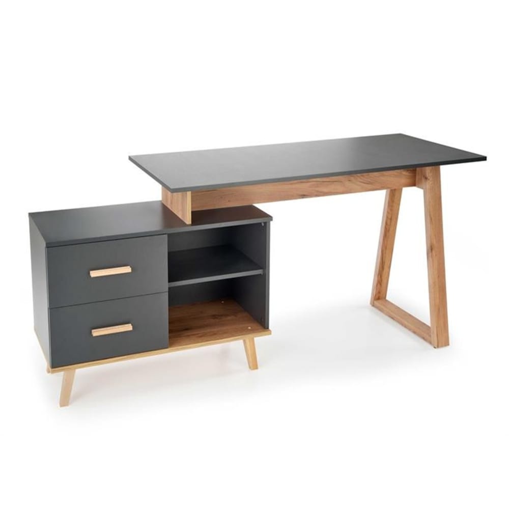 Bureau d'angle anthracite et bois 2 tiroirs 2 niches vitim