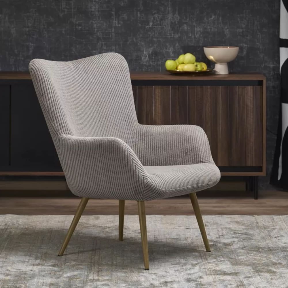 Fauteuil lounge en velours de polyester côtelé gris avec accoudoirs