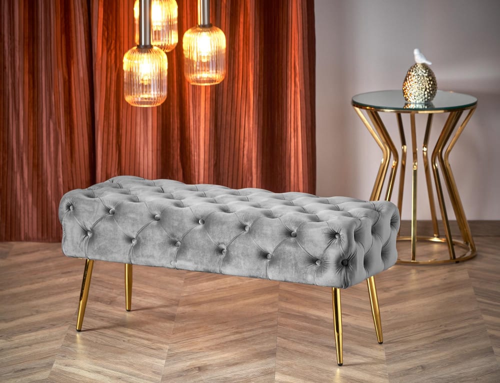 Gepolsterte Bank aus grauem Samt mit goldenen Metallbeinen -