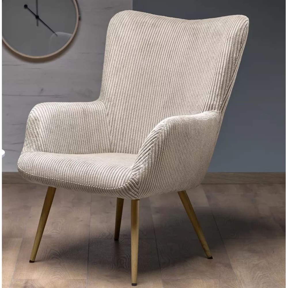 Fauteuil lounge en velours de polyester côtelé beige et pieds en acier