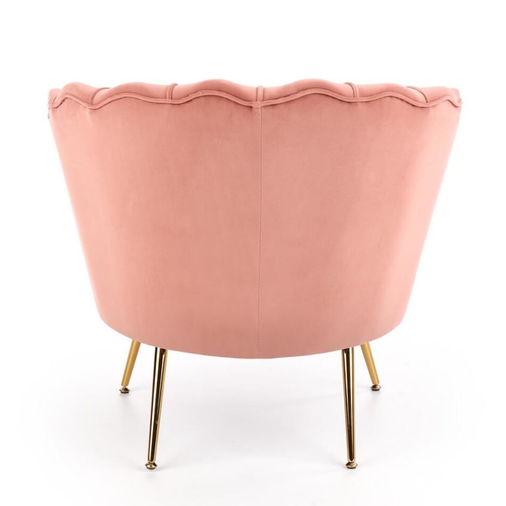 Fauteuil coquillage en velours de polyester rose avec pieds en acier