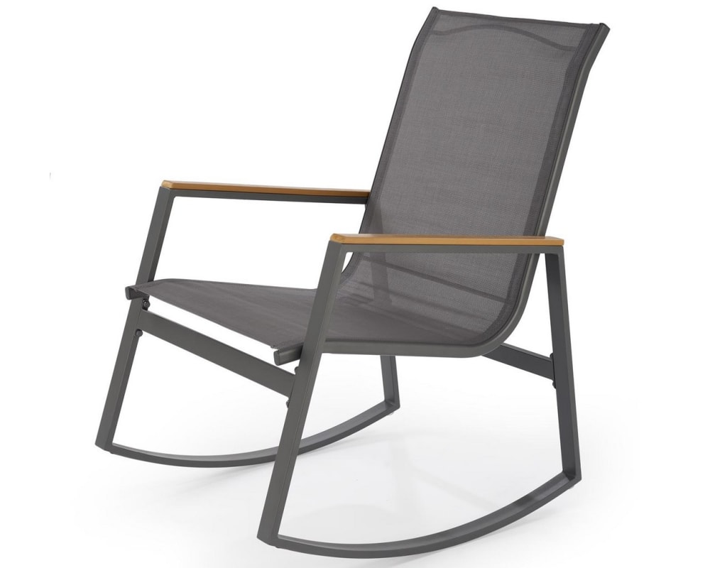 Fauteuil rocking-chair de jardin en acier avec accoudoirs en bois gris Fauteuil rocking-chair de jardin en acier avec accoudoirs en bois gris