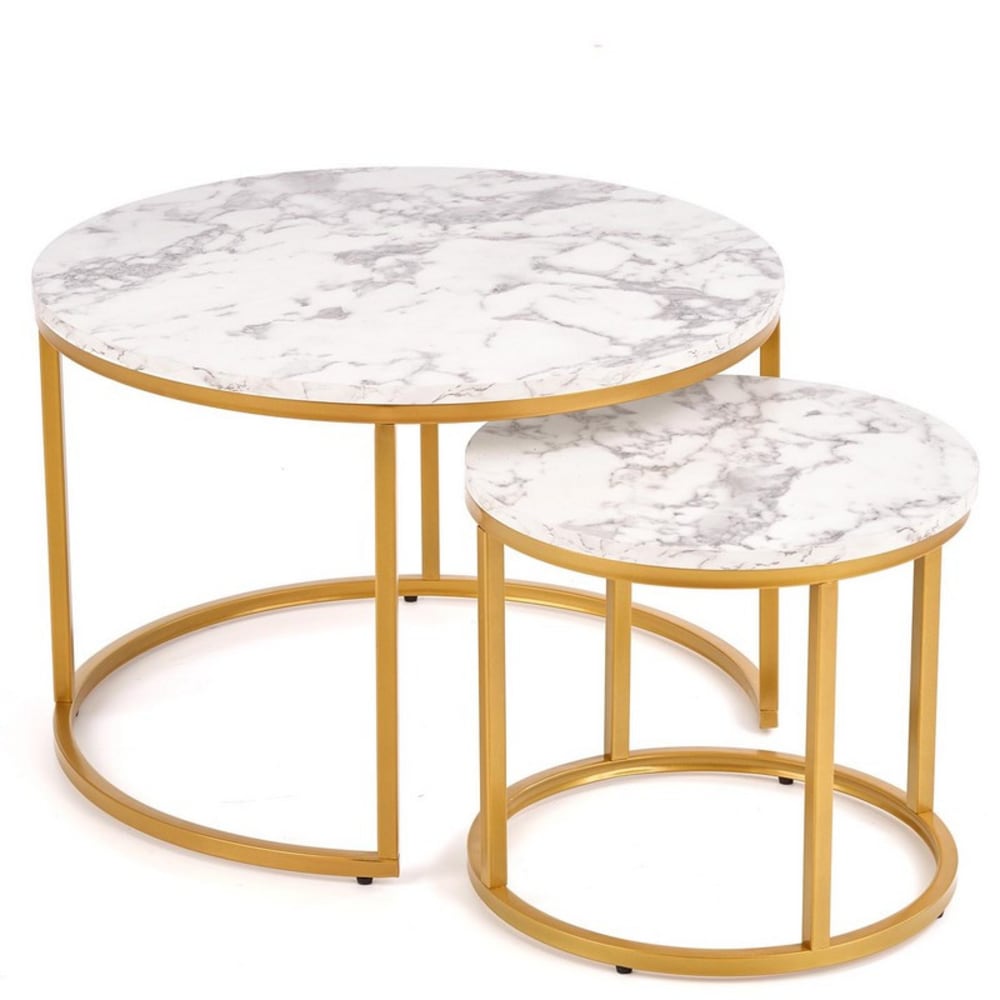 Tables gigognes avec plateau style marbre et structure en acier doré Tables gigognes avec plateau style marbre et structure en acier doré