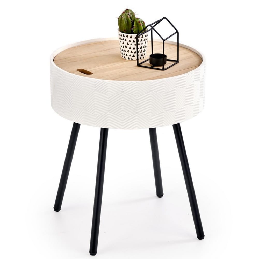Table basse ronde avec rangement et pieds en acier noir blanche