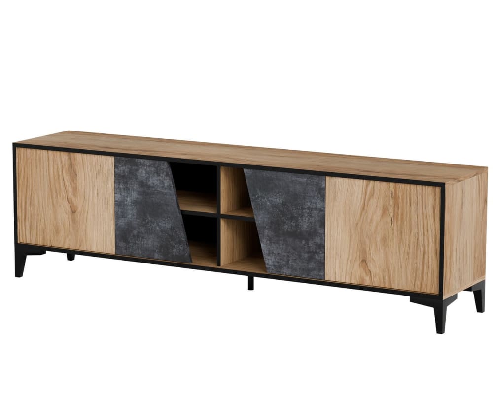 Meuble tv design couleur chêne et béton foncé avec 4 portes Meuble tv design couleur chêne et béton foncé avec 4 portes