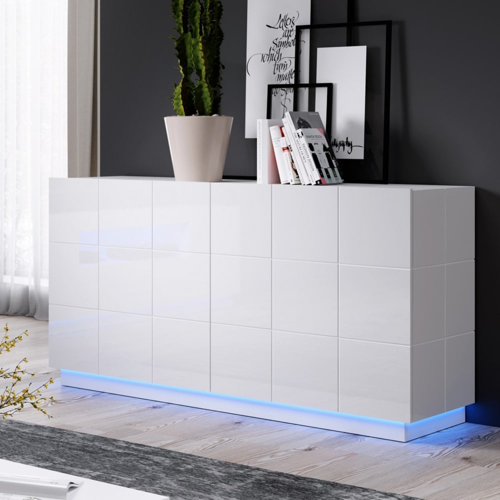 Hellweißes Designer-Sideboard 138 cm + LED - Blau - Maisons Du