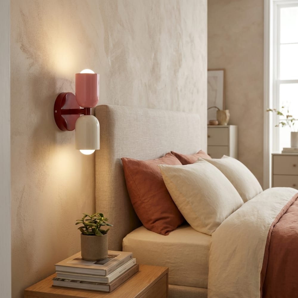 Applique murale double E27 métal rouge rose crème H20 cm — vue 3