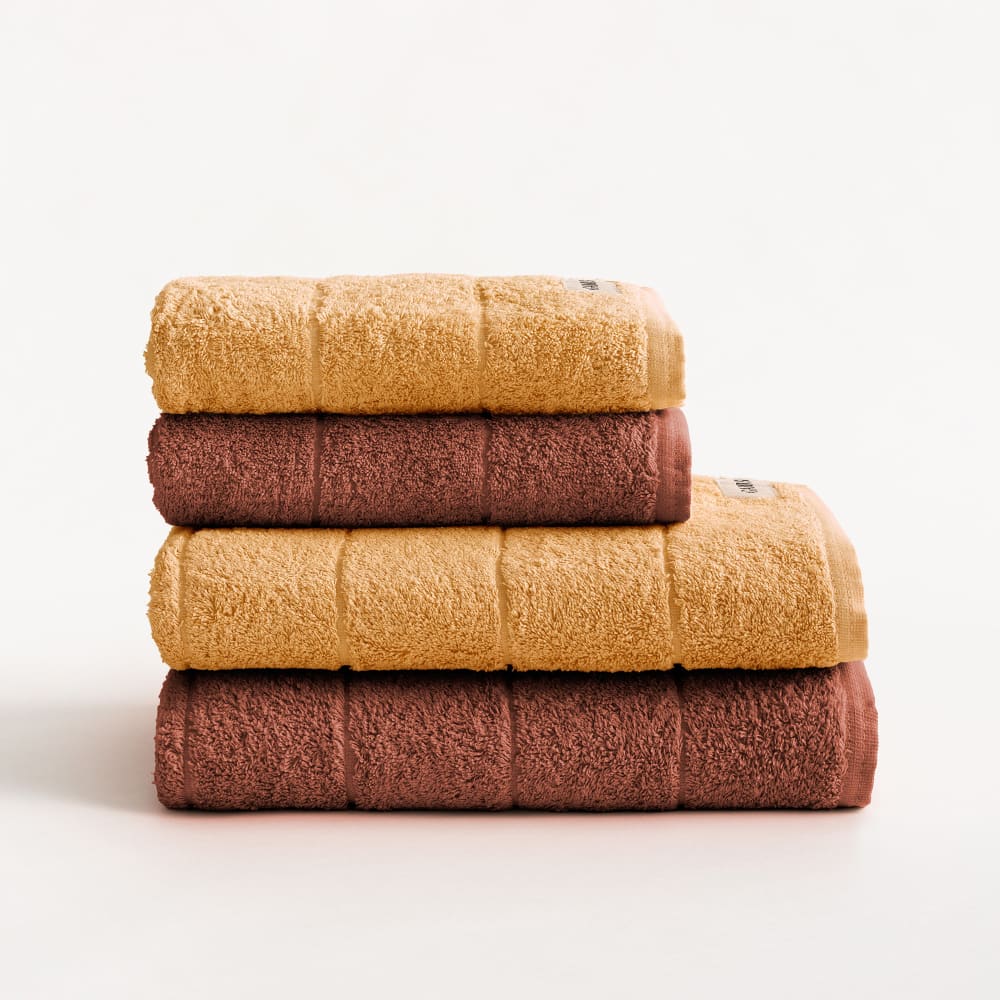 Lot 4 serviettes en coton 600gr moutarde terracotta 2(50x100+70x140) Lot 4 serviettes en coton 600gr moutarde terracotta 2(50x100+70x140)