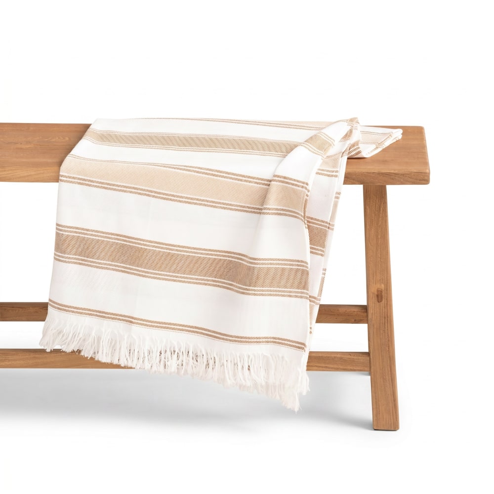 Paréo de plage en coton à rayures beige 190x180 cm Paréo de plage en coton à rayures beige 190x180 cm