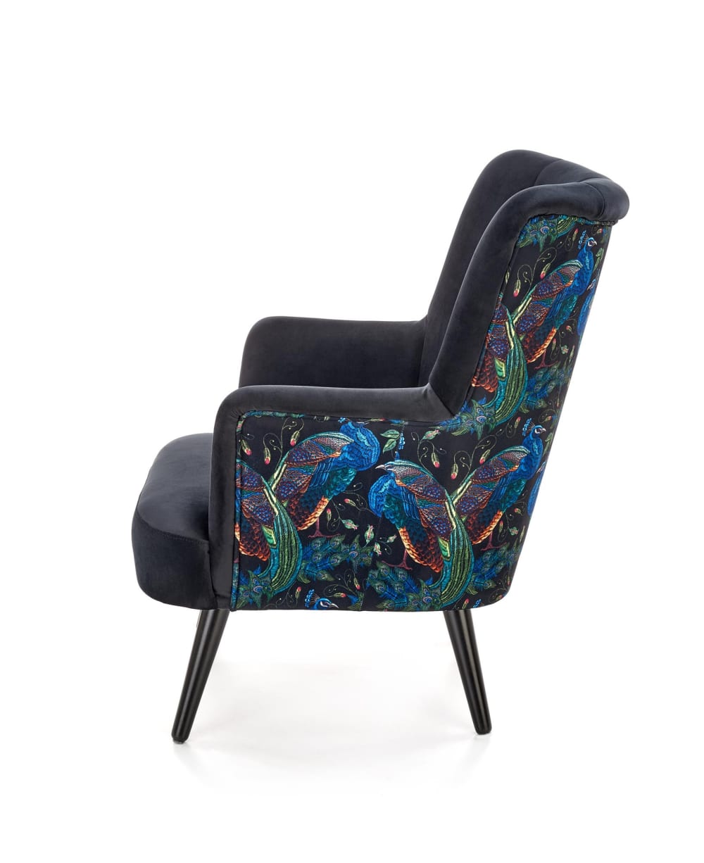 Fauteuil lounge en velours de polyester noir avec dossier imprimé