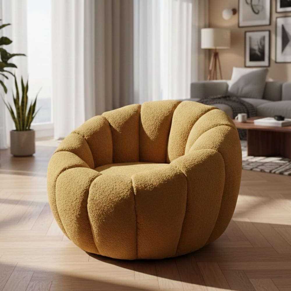 Fauteuil rond coquillage en tissu de polyester jaune moutarde