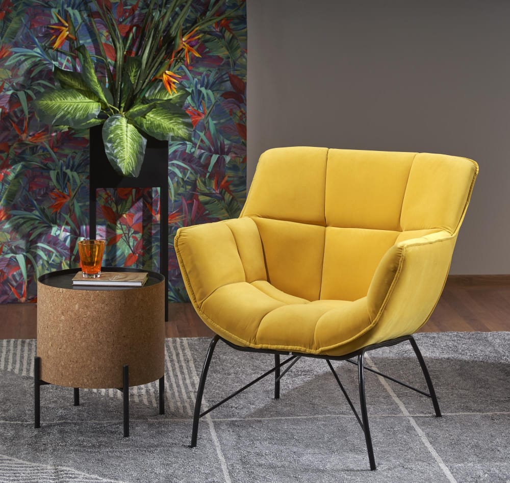 Fauteuil contemporain en velours de polyester jaune