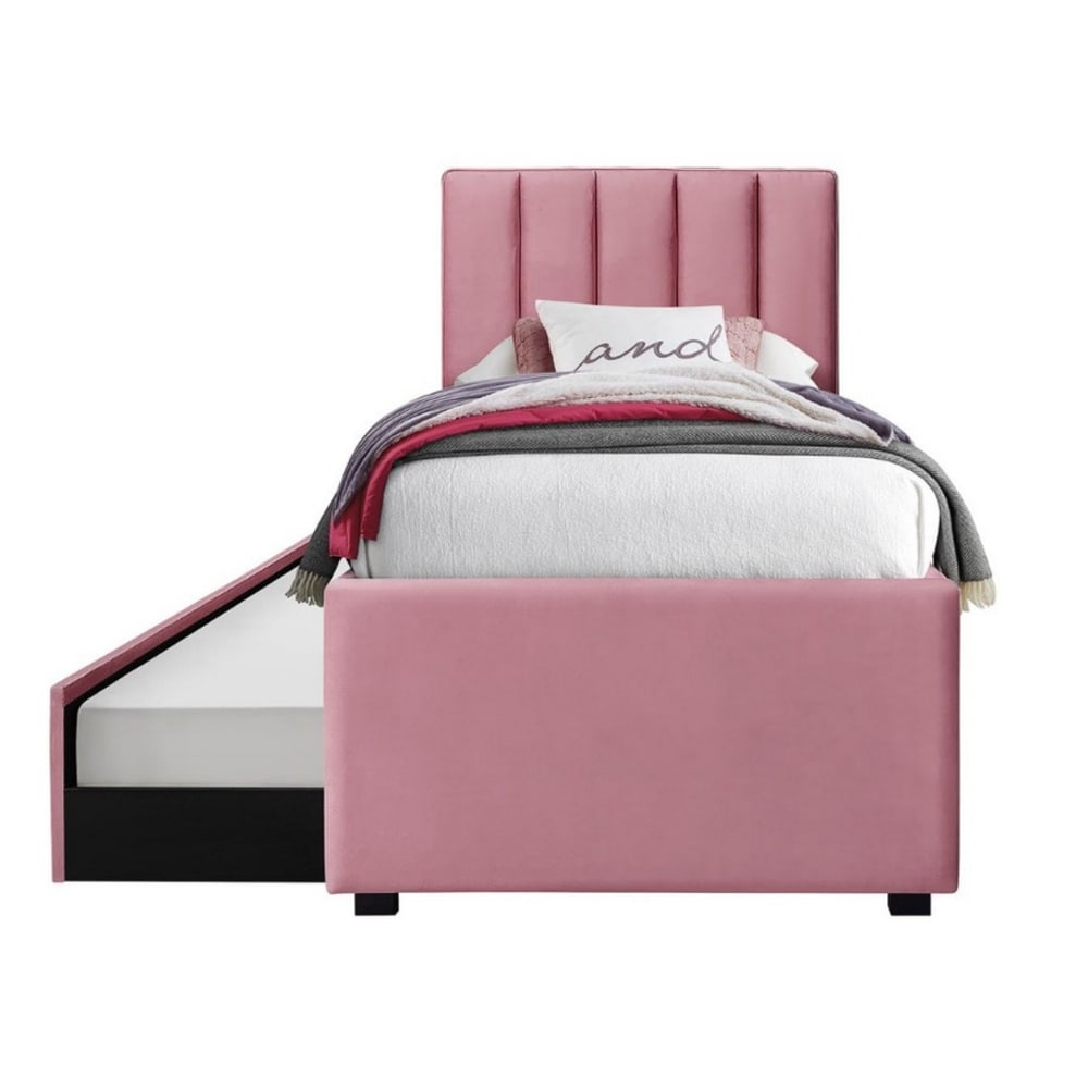 Lit gigogne en velours rose avec sommiers couchage 90 x 200 cm Lit gigogne en velours rose avec sommiers couchage 90 x 200 cm