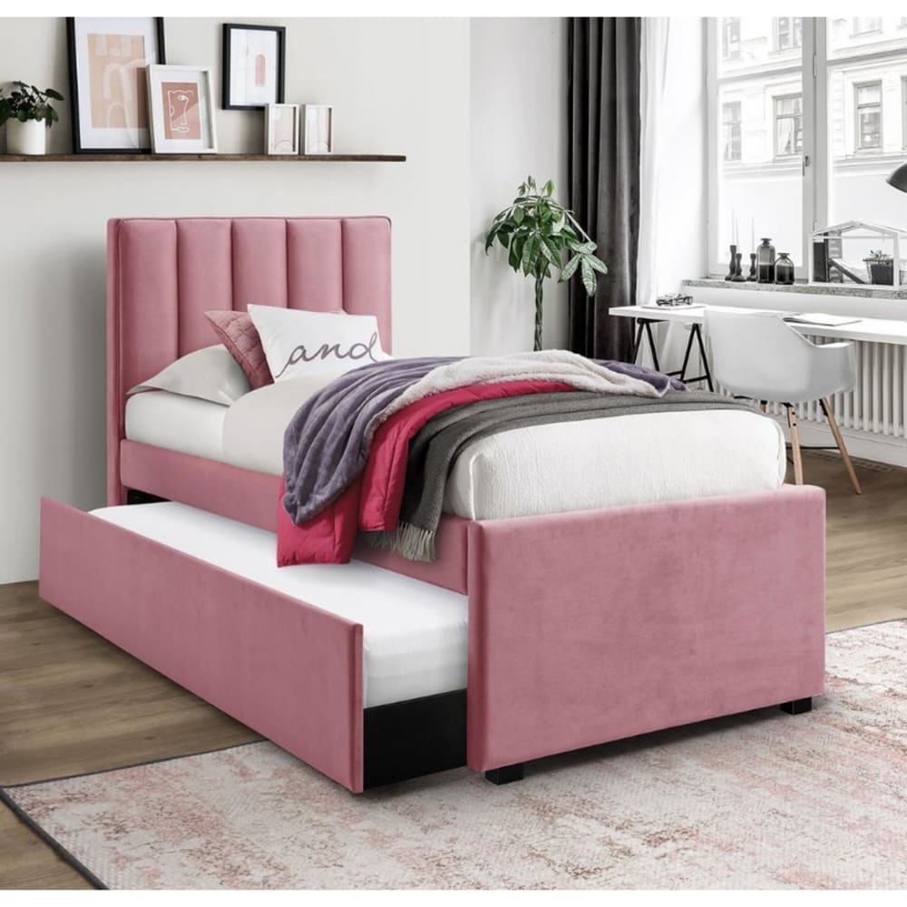 Lit gigogne en velours rose avec sommiers couchage 90 x 200 cm