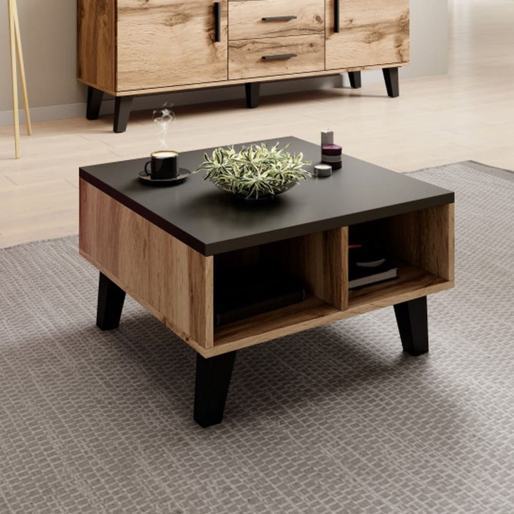 Couchtisch mit Dekor aus Eiche und Schwarz, 60 cm - Maisons Du