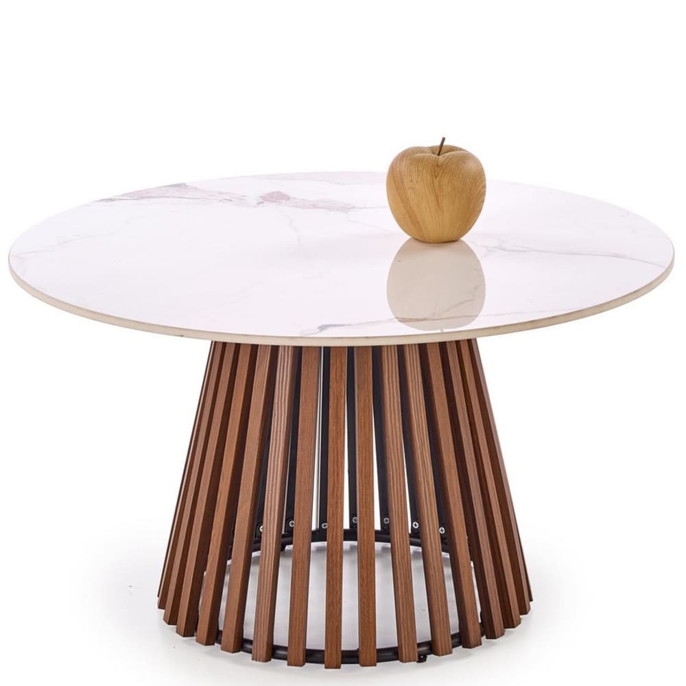 Table basse ronde aspect marbre avec pied plaqué noyer 80cm