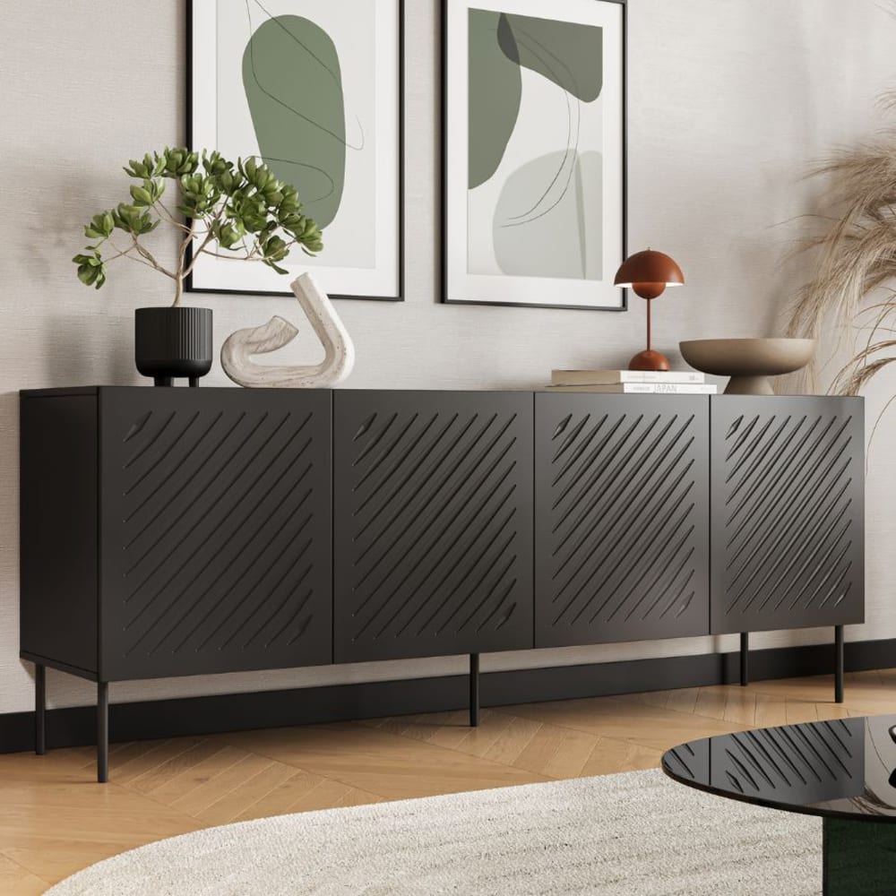 Schwarzes Sideboard 4 Türen mit Reliefmuster 200cm - Maisons Du