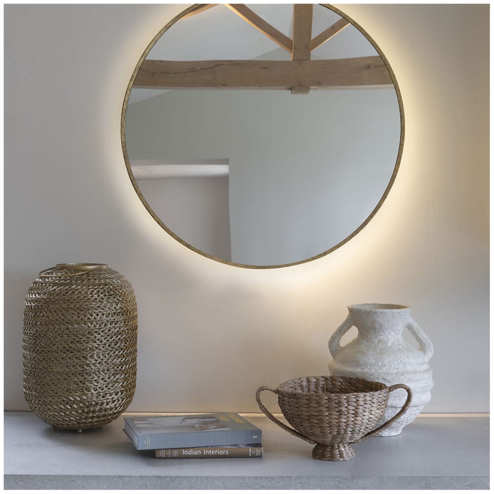 Miroir rond avec led, métal fnition laiton dia 91