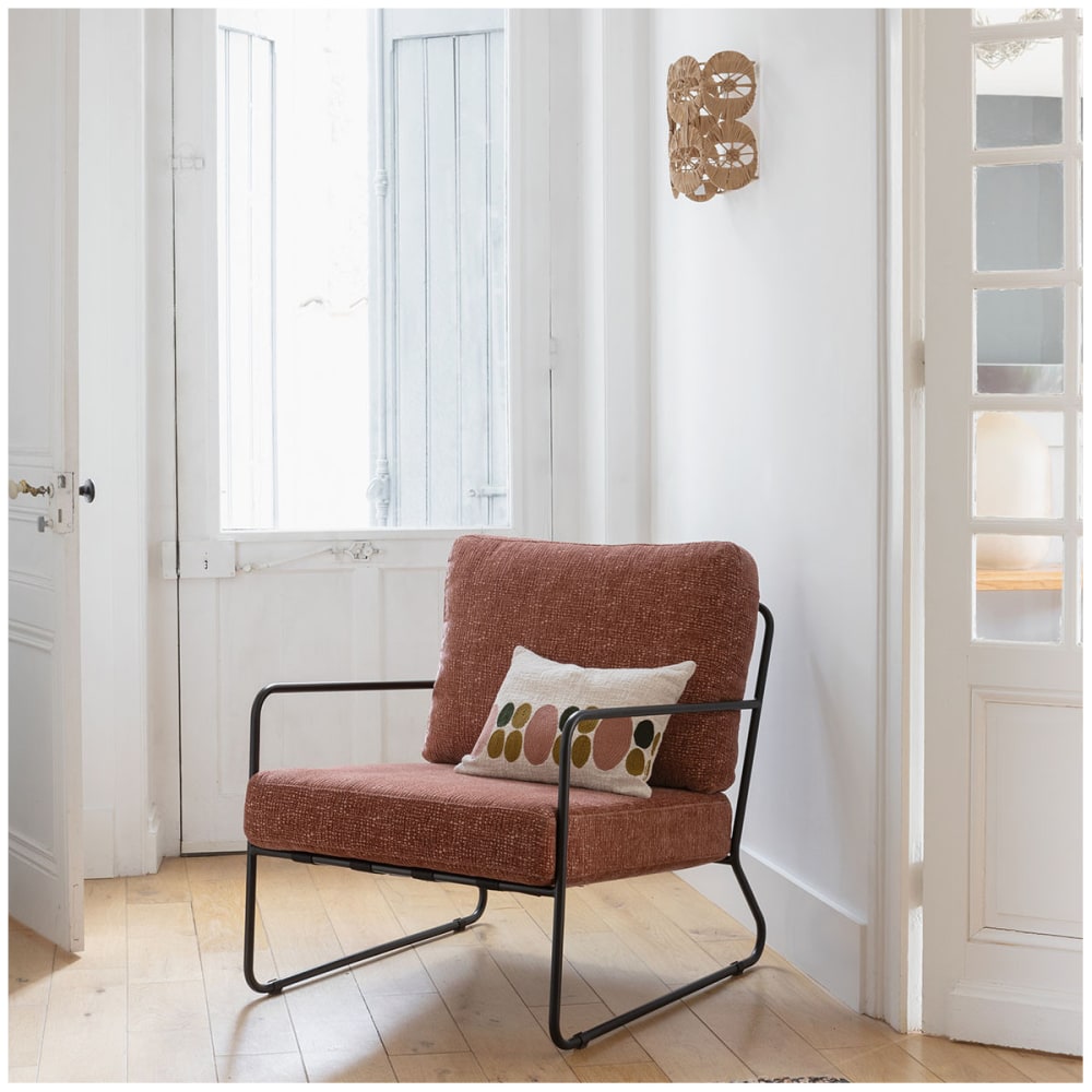 Fauteuil en tissu jacquard de velours et métal - bois de rose