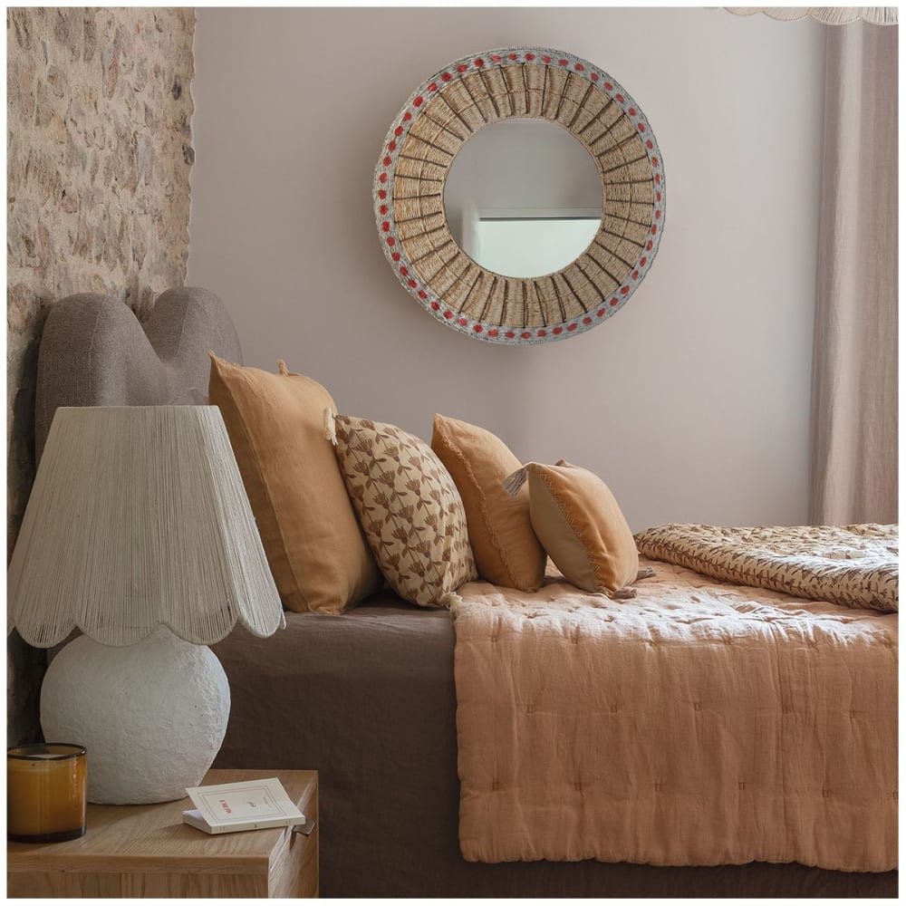 Miroir en corde de papier - naturel et corail - diam. 75 cm