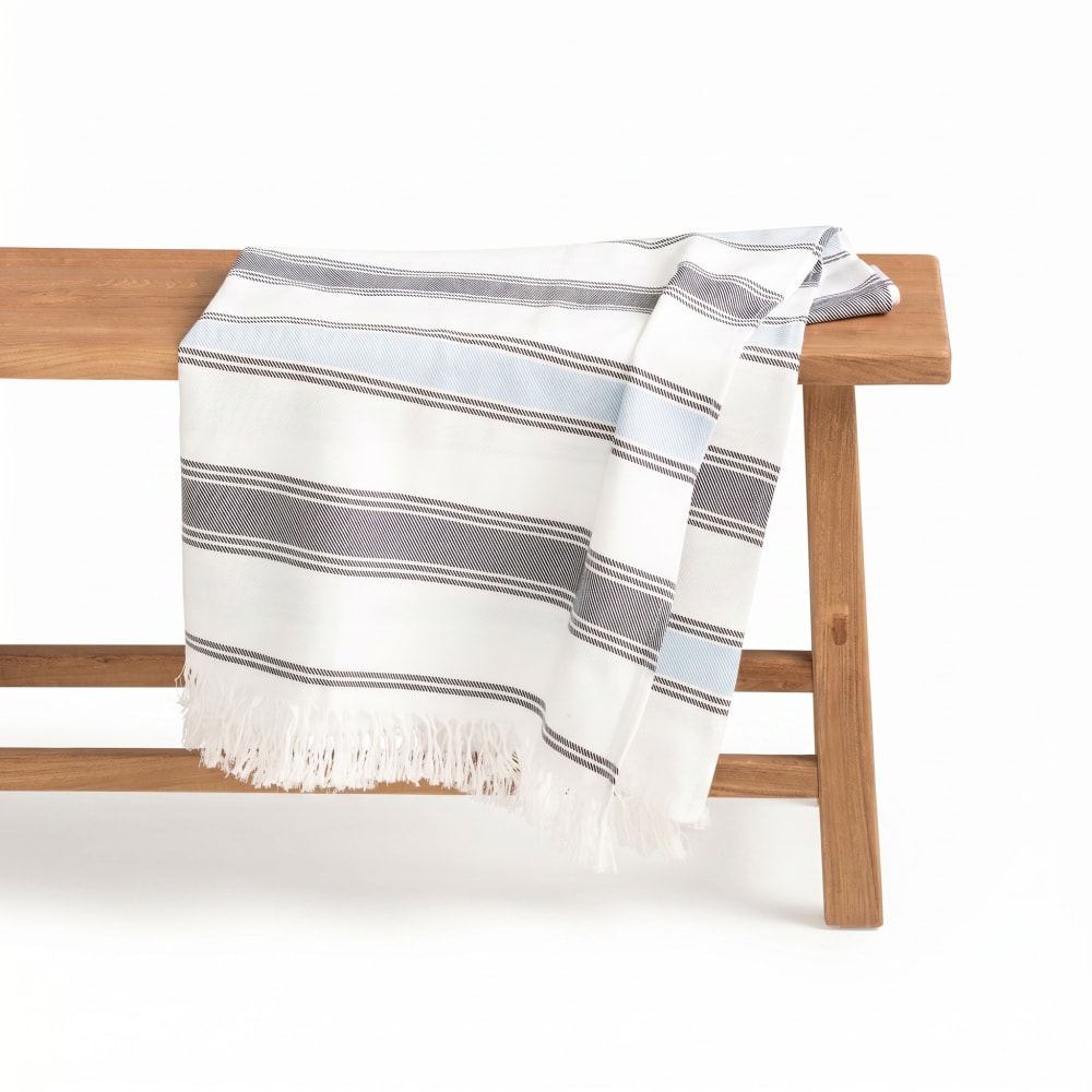 Paréo de plage en coton à rayures bleu marine 190x180 cm Paréo de plage en coton à rayures bleu marine 190x180 cm