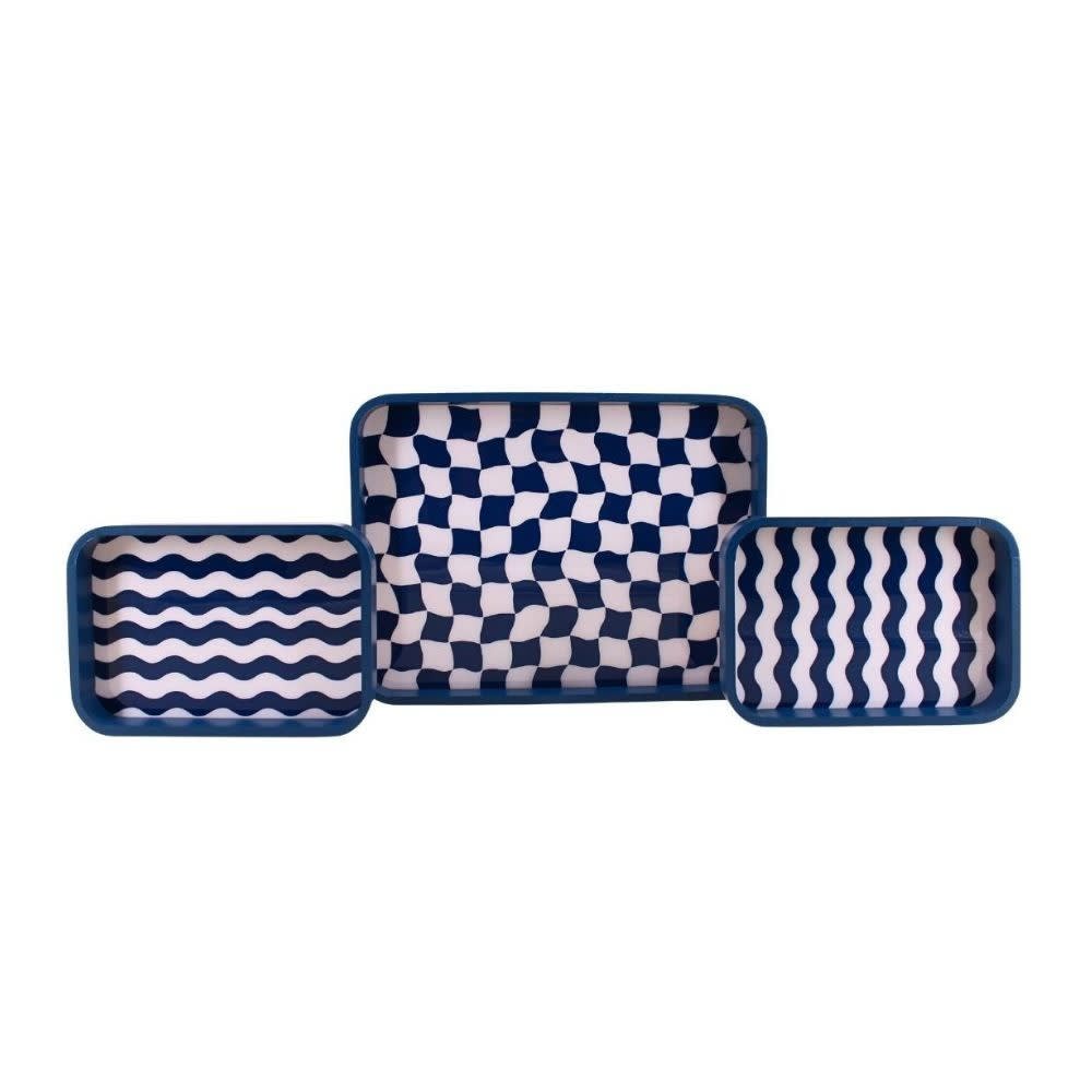 Set de 3 plateaux damiers et rayures bleu et blanc