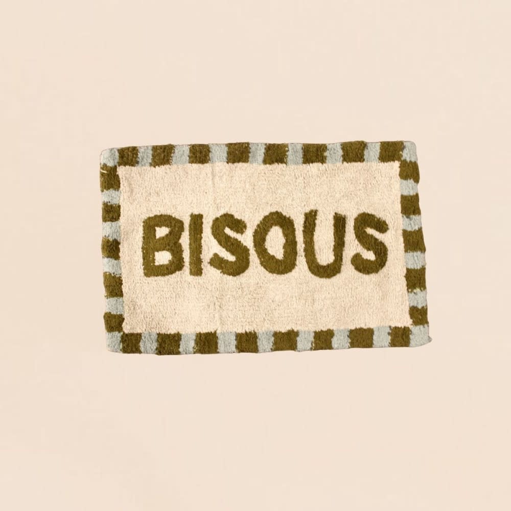Tapis de bain en coton brodé bisous vert 50x80cm