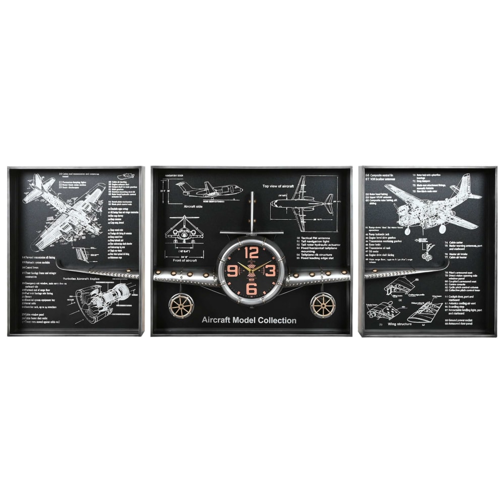 Ensemble de 3 horloges murales avion en acier argenté 175x21x64 cm