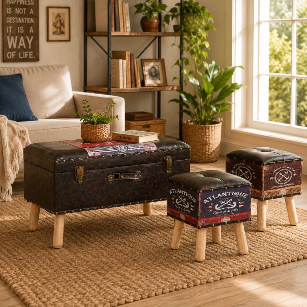 Ensemble de 3 coffres tabourets en bois multicolore