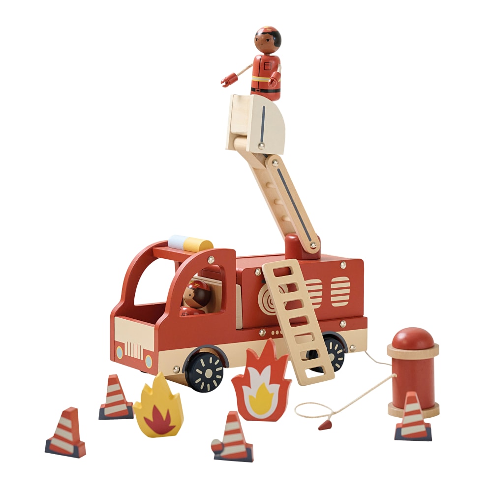 Camion de pompier en panneau de particules rouge et accessoires