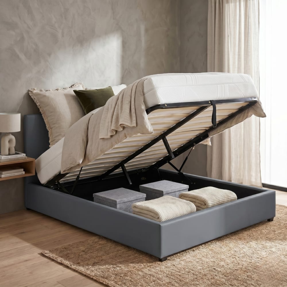 SAMPUR Bettkasten kunstleder kopfteil 90x190cm grau style modern - Spanplatte
