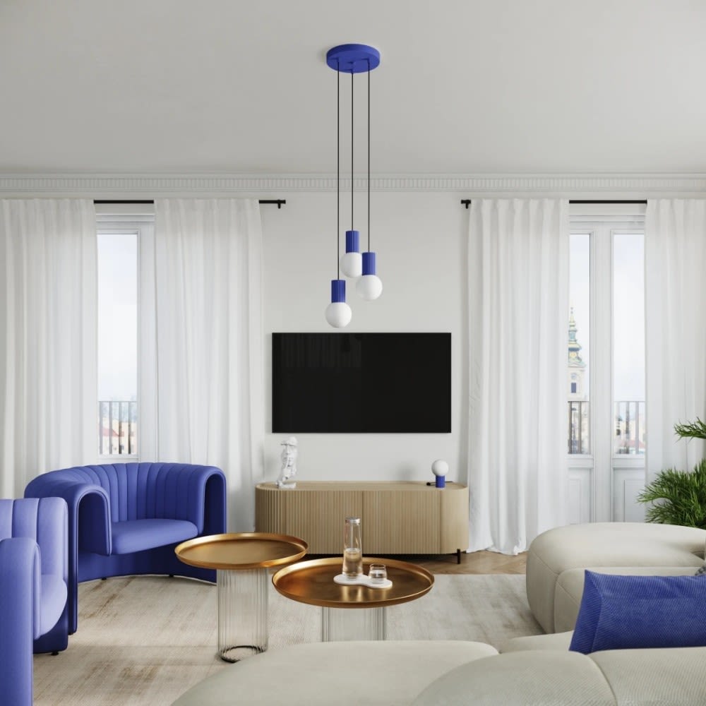Suspension bleue avec 3 sphères en cristal suspendues