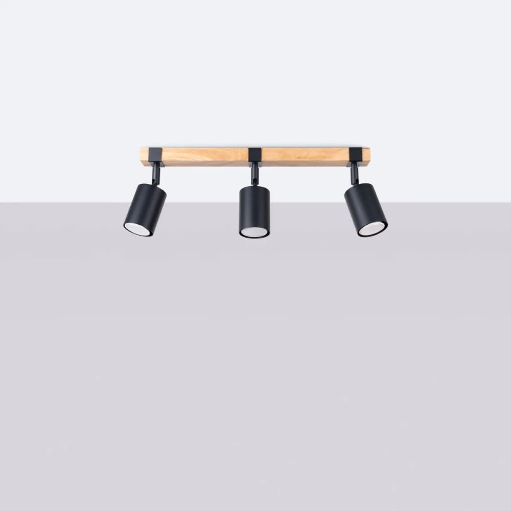 Plafonnier en bois avec 3 spots orientables, noir — vue 3