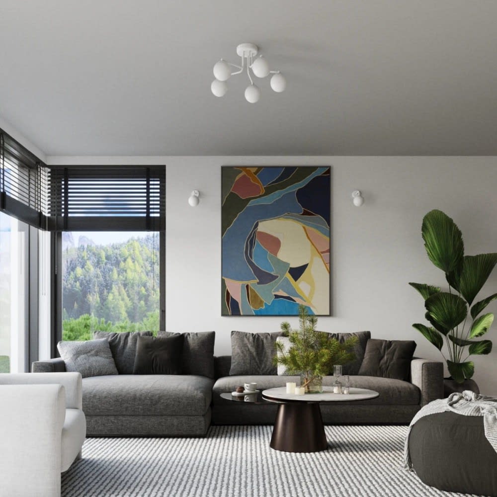 Suspension à 5 bras blancs et sphères en cristal