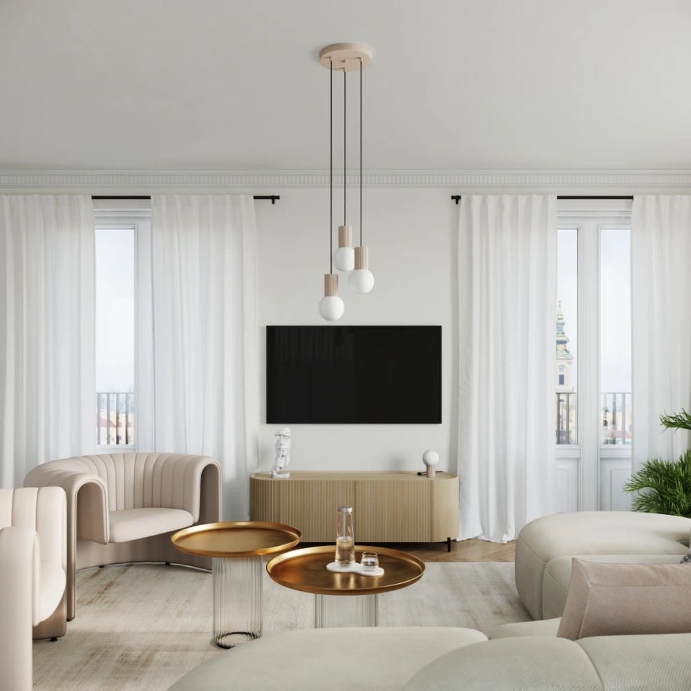 Suspension taupe avec 3 sphères de verre suspendues