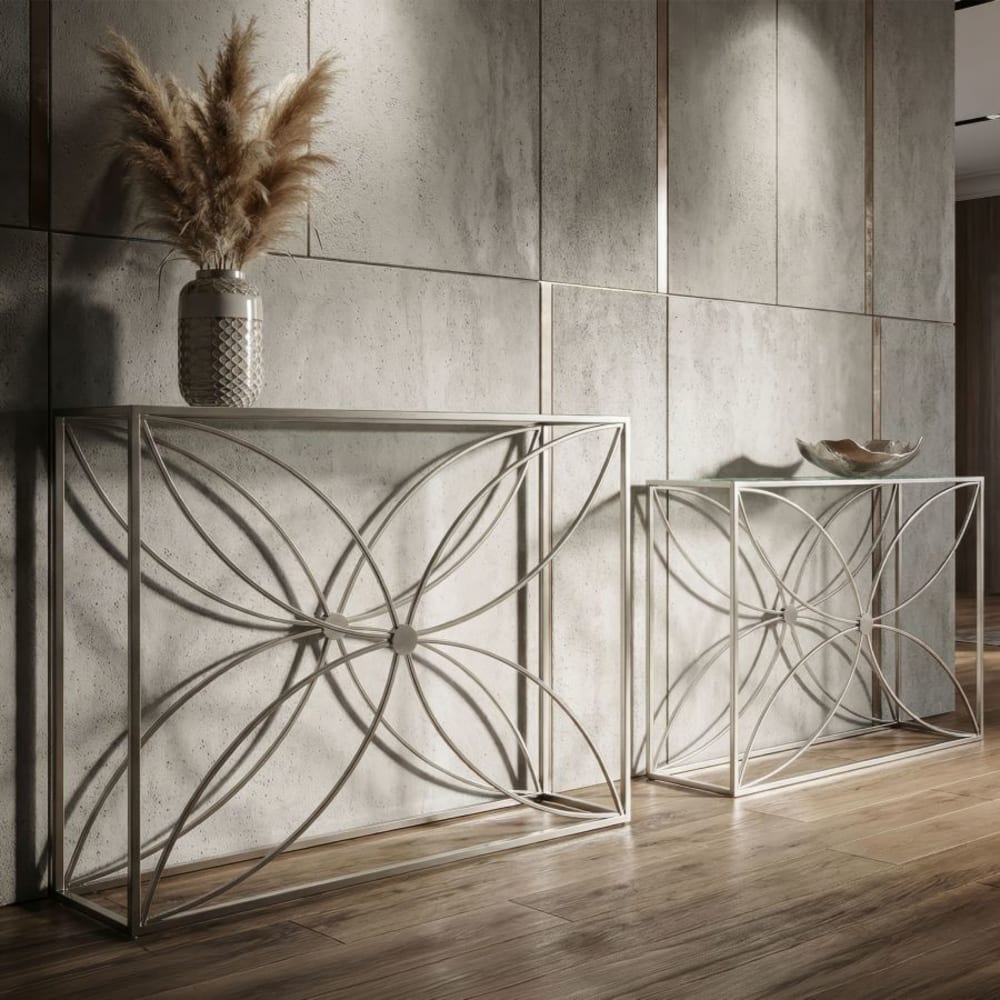 Mauro Ferretti Set aus zwei Metallkonsolentischen 100x30x78 cm - 90x25x72 cm Silber Metall