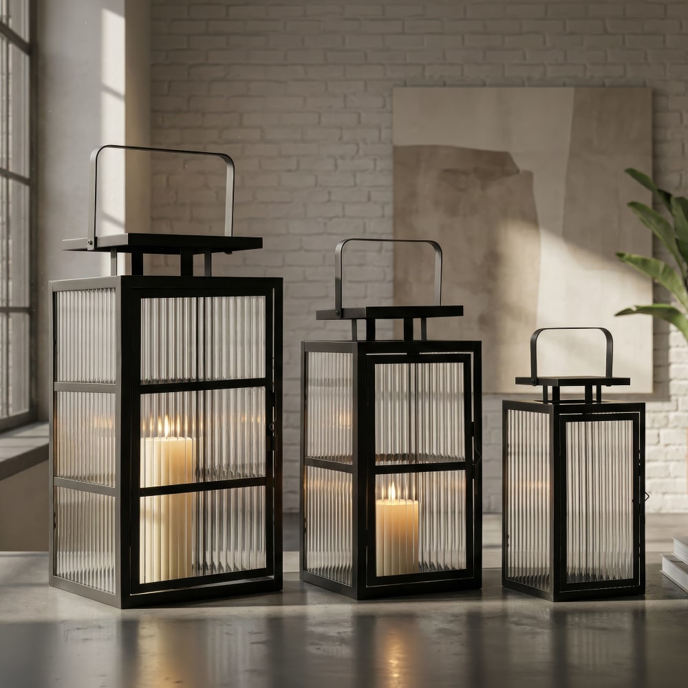 Mauro Ferretti Set aus 3 Metalllaternen mit Glas Schwarz Metall