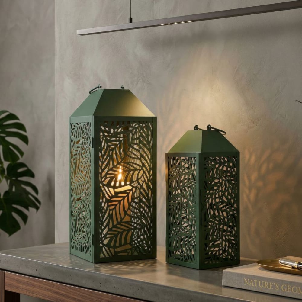Mauro Ferretti Set aus 2 Metalllaternen, 18 x 18 x 44 cm – 14 x 14 x 34 cm Grün Metall