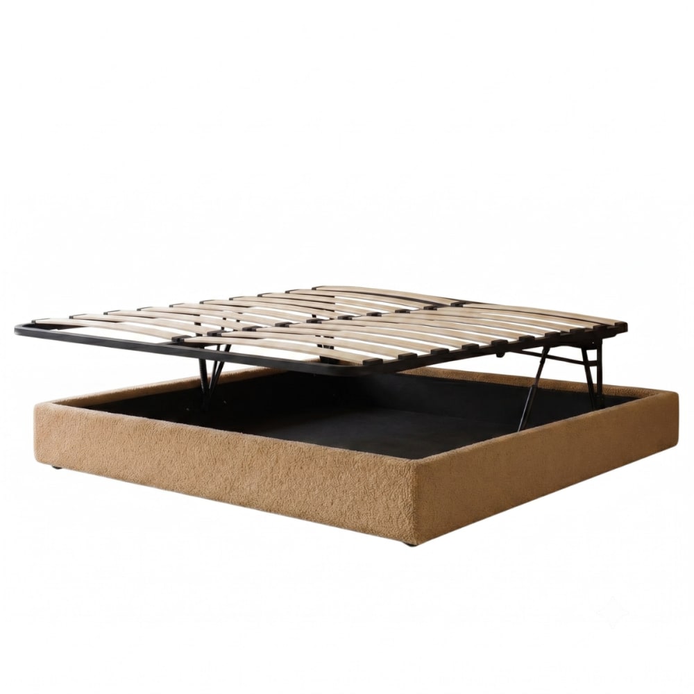 Lit coffre ouverture parallèle en bouclette camel 200x200 cm