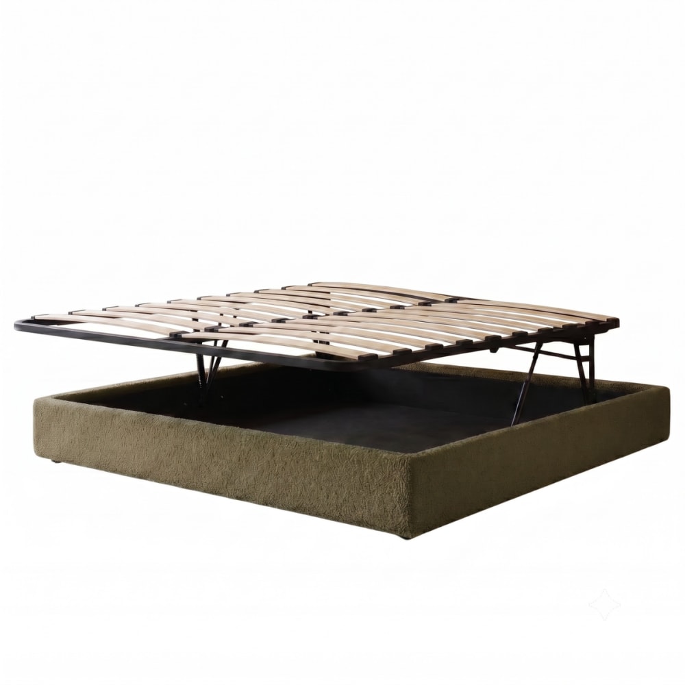 Lit coffre ouverture parallèle en bouclette olive 200x200 cm